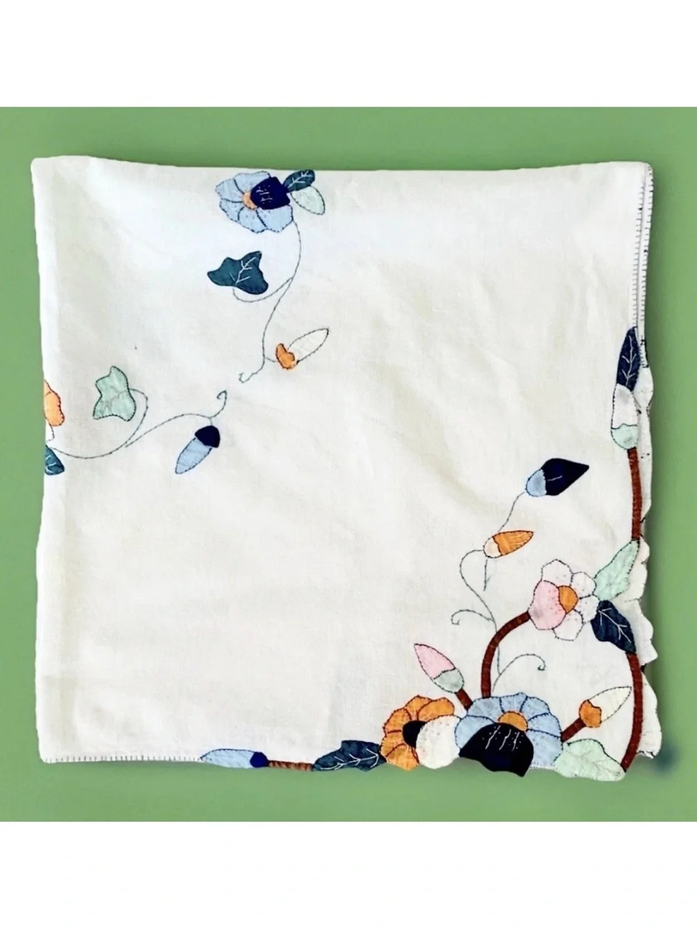 Vintage Tablecloth Hand Embroidery Applique Flowers-Garden Party-Home Decor